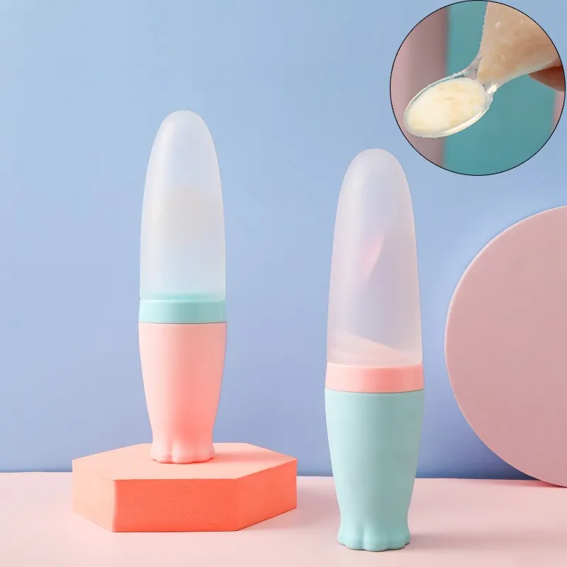 1pcs 110ml Soft Silicone Squeezing Feeding Bottle Cute Newborn Baby Training Rice Paste Spoon Infant Cereal Food Supplement Feeder for Toddler Infant Food Dispensing and Feeding (EDP-2129)