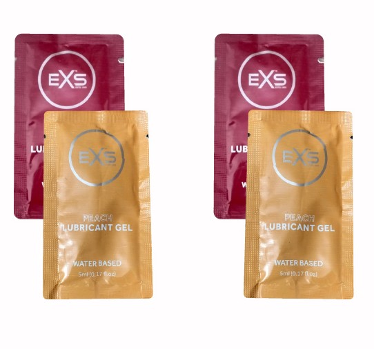 EXS Lubricant Mix Combo Pack - Cherry, Chocolate, Strawberry & Peach Flavored Water Based Lubricant 5ml x 4 Pouch - Travel/Honeymoon Pack