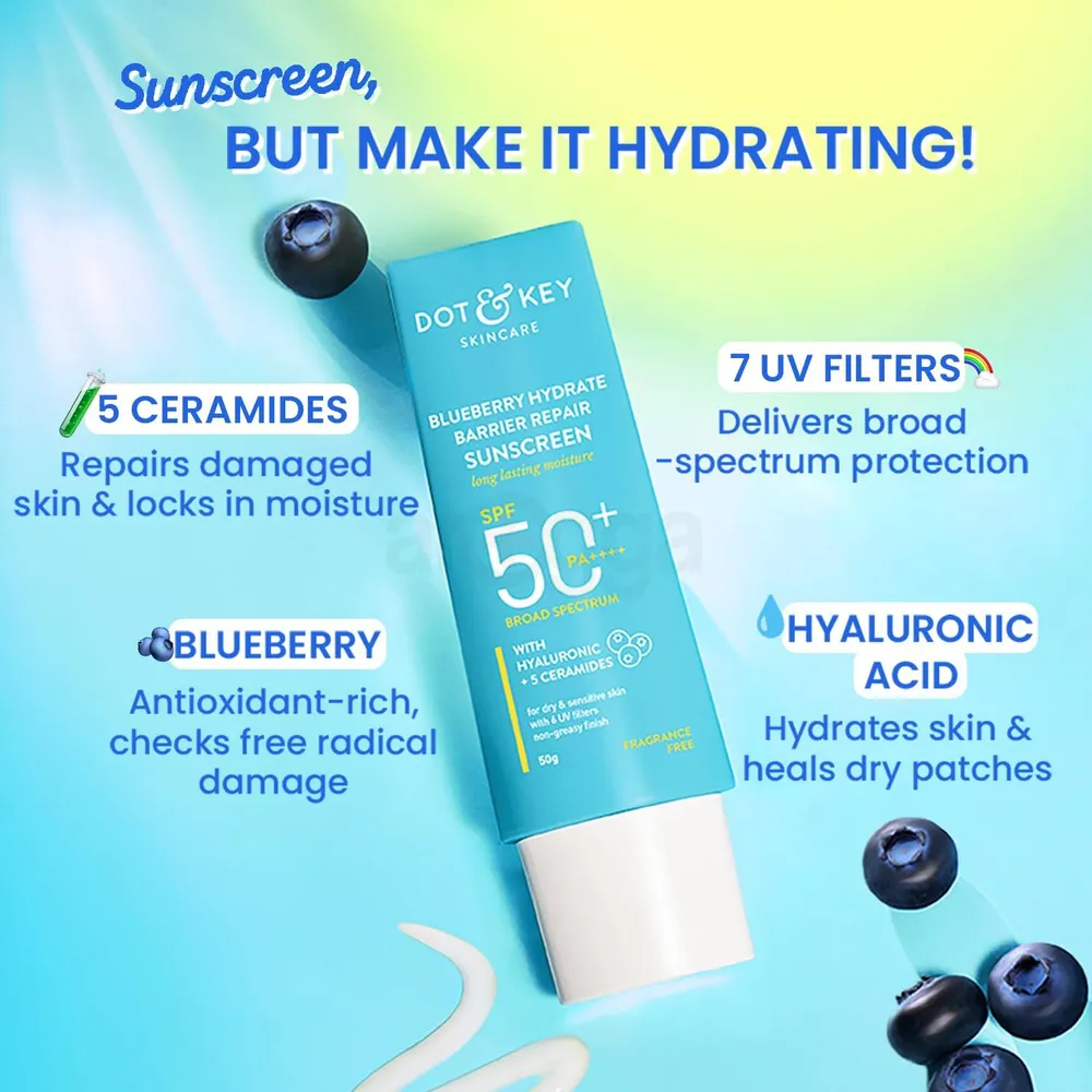 Dot & Key Blueberry Hydrate Barrier Repair Sunscreen 80gm SPF50+ PA++++ | For Dry & Sensitive Skin | Non - Greasy Finish | No White Cast | UV & Blue Light Protection | Broad Spectrum (E-2292)