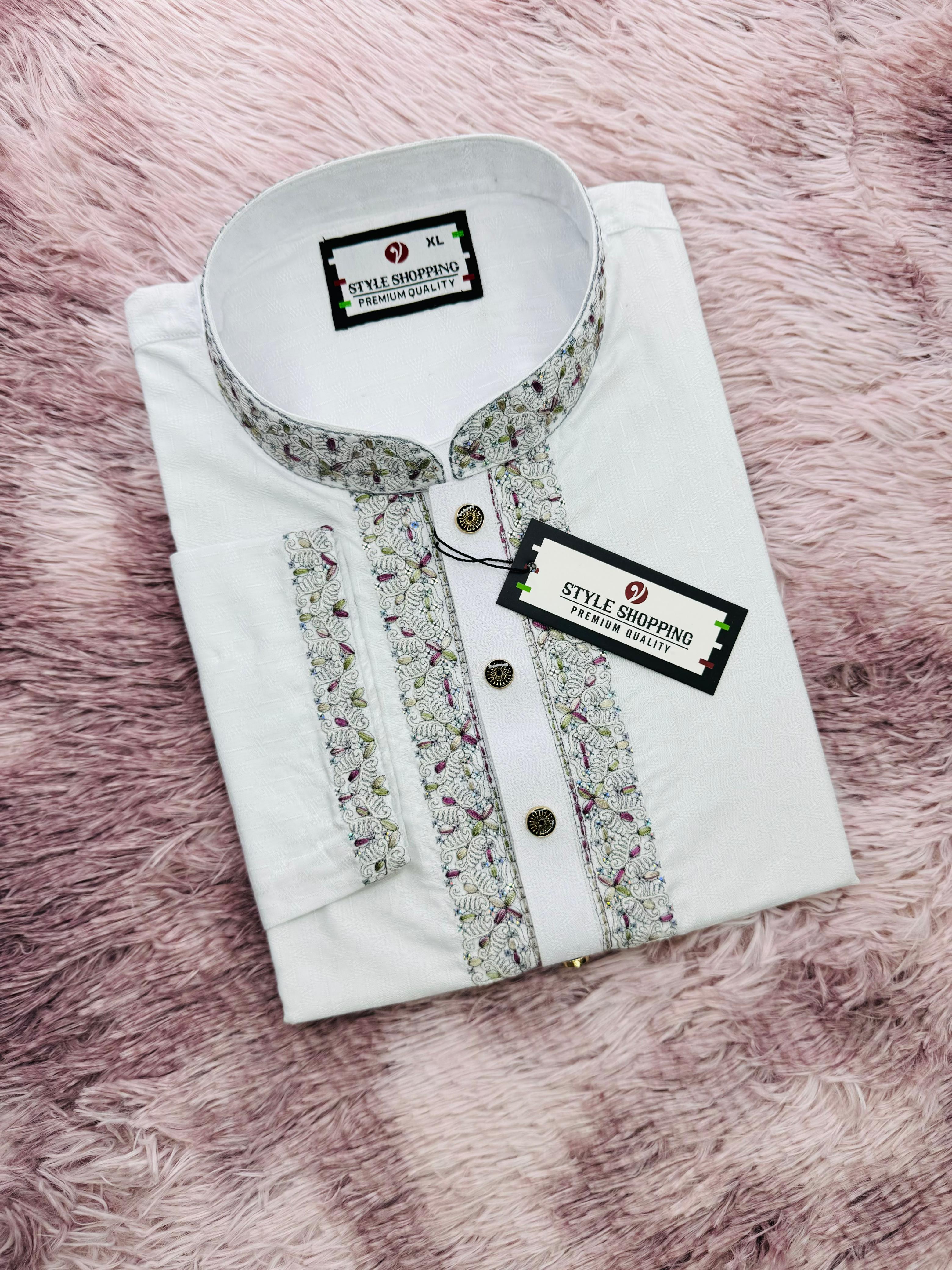 White Sequence Embroidery Panjabi (EDP-3328)