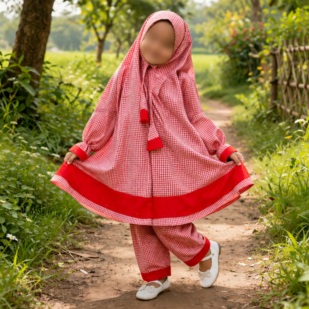 Kids mix Cotton grameen check Khimar Set D-KCK502